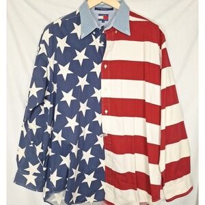 Tommy Hilfiger L American Flag Stars Stripes Button Down Cotton USA Patriot Y2K